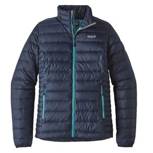 Patagonia Womens XS Down Sweaterjacket Navy/ Turq trim and Lining